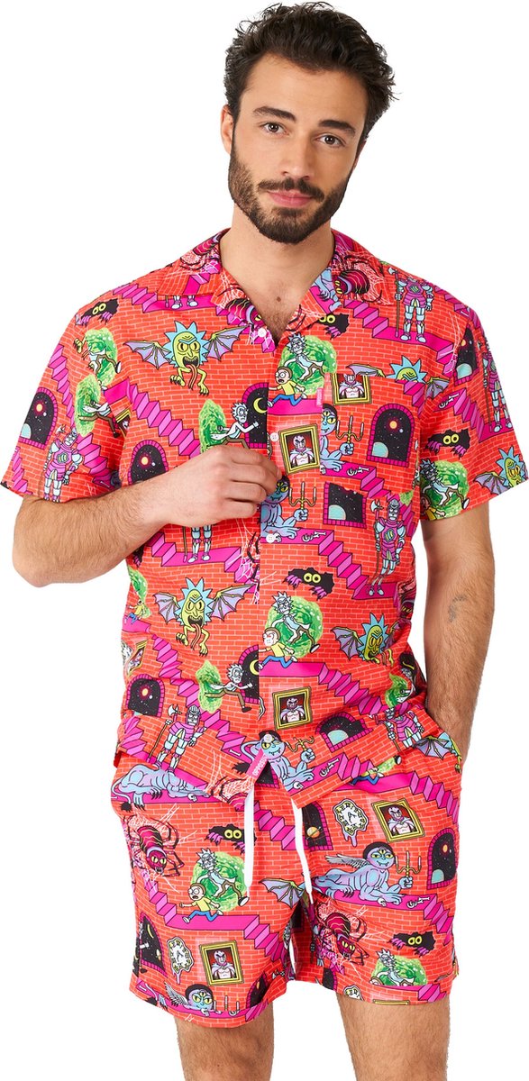 OppoSuits Rick & Morty™ Surreal Heren Zomer Set - Bevat Shirt En Shorts - Tropische Zwem Kleding - Rood - Maat S