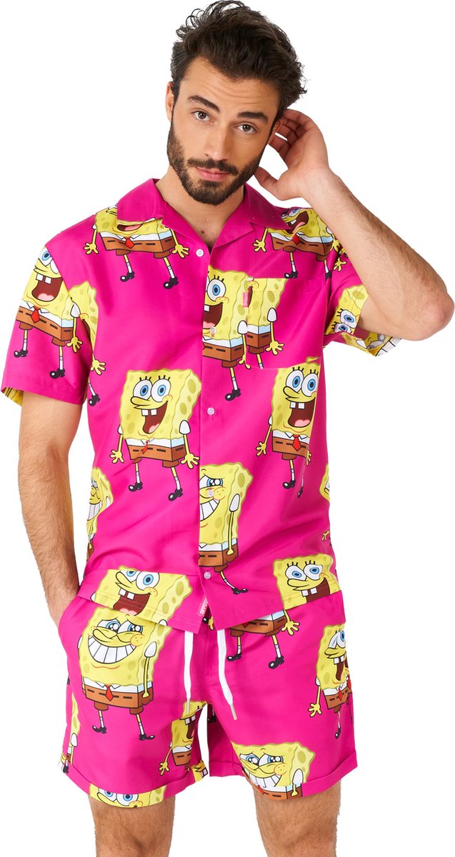 OppoSuits SpongeBob™ Pink Heren Zomer Set - Bevat Shirt En Shorts - Tropische Zwem Kleding - Roze - Maat S