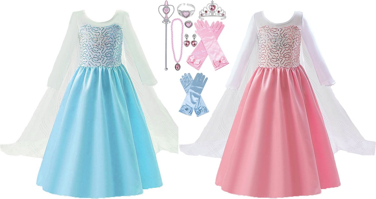 Prinsessenjurk meisje - Roze + Blauwe verkleedjurk + Accessoires maat 140/146 (150) - carnavalskleding - 13-Pack - cadeau meisje - verkleedkleren - Kroon - Toverstaf - Juwelen - Prinsessen speelgoed