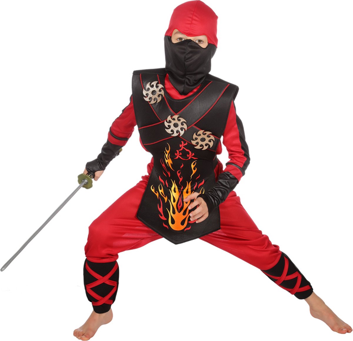 Wilbers & Wilbers - Ninja & Samurai Kostuum - Vurige Rode Ninja Strijder Met Werpsterren Kind Kostuum - rood - Maat 164 - Carnavalskleding - Verkleedkleding