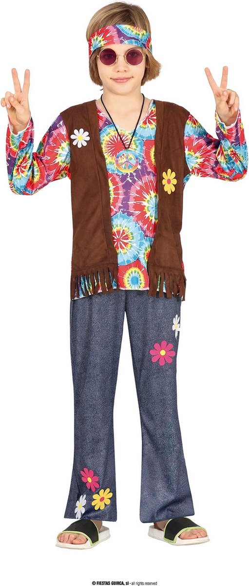 Guirca - Hippie Kostuum - Power To The Flower Hippie Johny - Jongen - Blauw, Bruin, Multicolor - 5 - 6 jaar - Carnavalskleding - Verkleedkleding