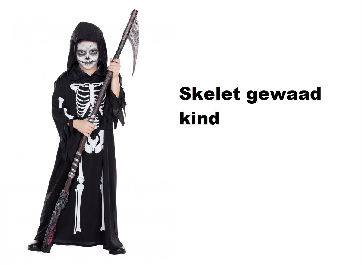 Halloween skelet gewaad met capuchon zwart mt.116 - Halloween griezel creepy horror thema feest fun