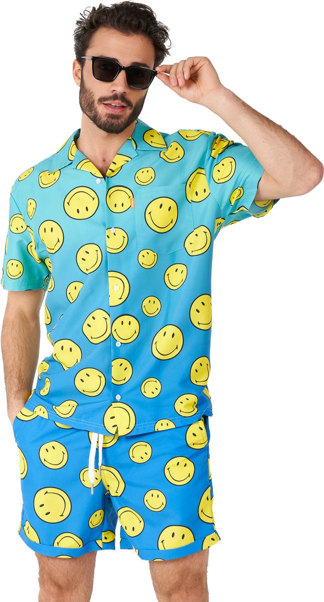 OppoSuits Smiley™ Summer Fade Heren Zomer Set - Bevat Shirt En Shorts - Tropische Zwem Kleding - Blauw - Maat XL