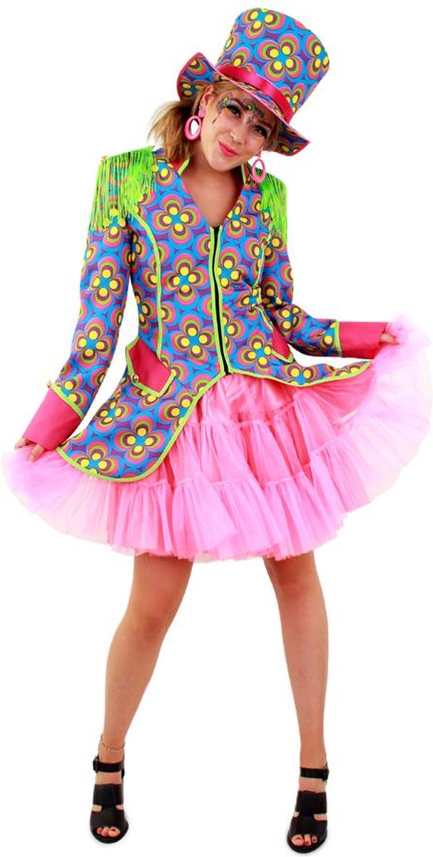 PartyXplosion - Clown & Nar Kostuum - Flower Power Slipjas Hippie Clown Vrouw - Multicolor - Maat 40 - Carnavalskleding - Verkleedkleding