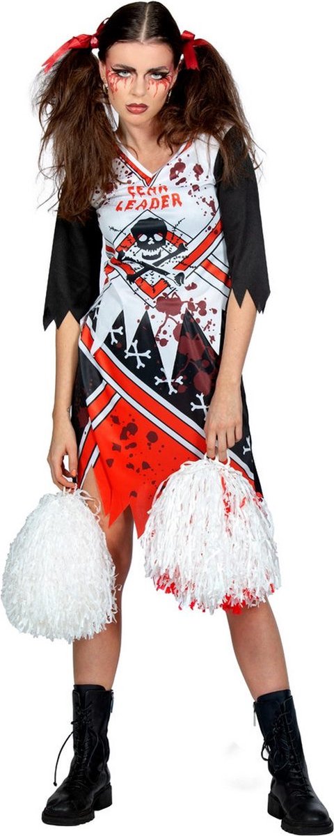 Wilbers & Wilbers - Cheerleader Kostuum - Zombie Scare Leader - Vrouw - Zwart, Wit / Beige - Large - Halloween - Verkleedkleding