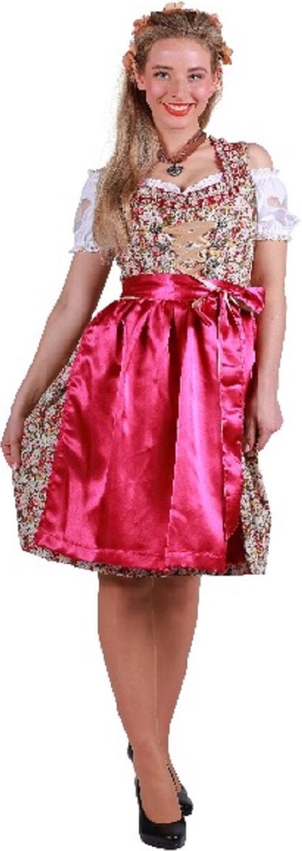 Dirndl - Tirolerjurk - Lisa-Marie - Roze- bloemen - Jurk - Schort ( mt 50)