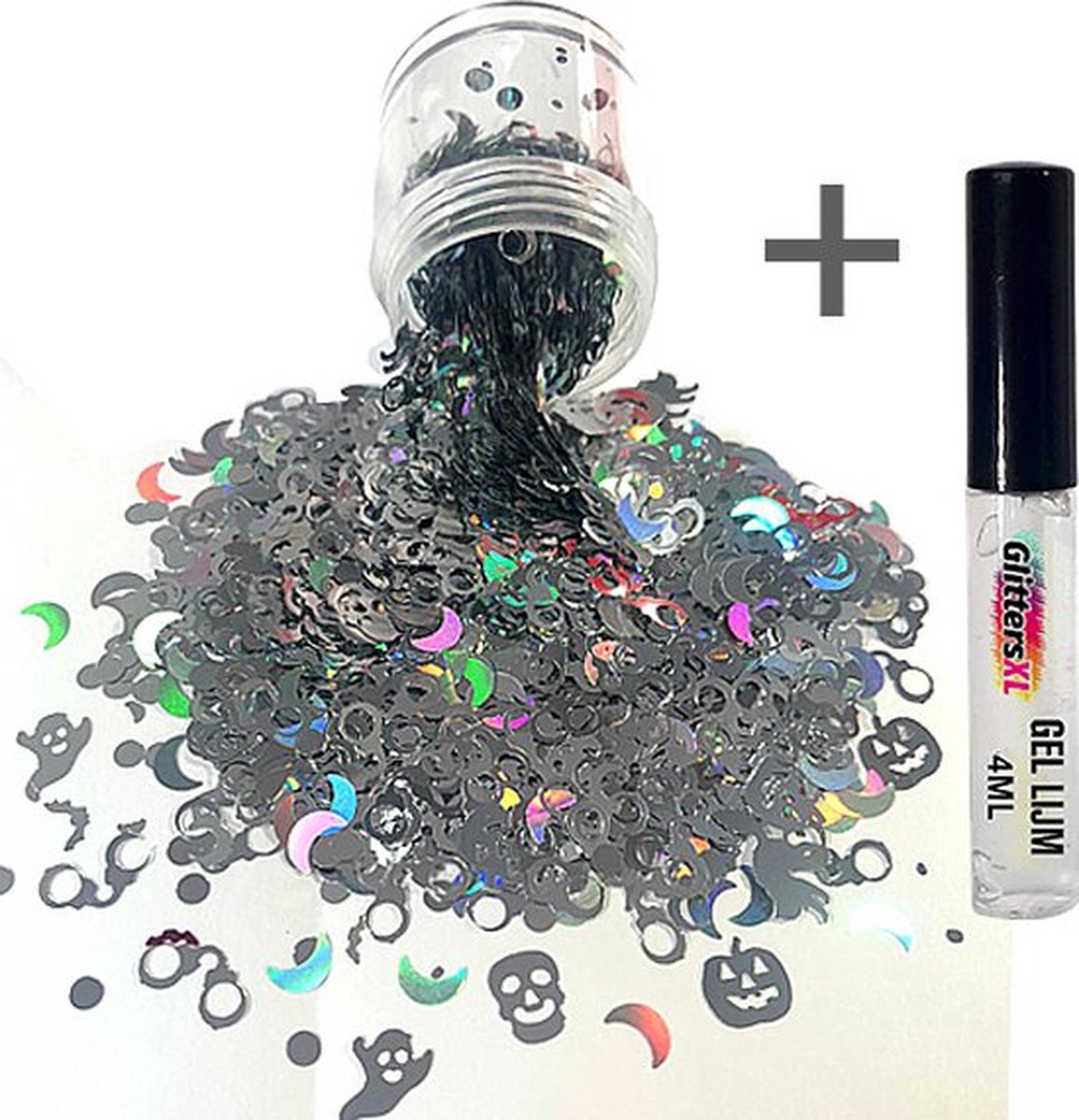 Halloween Decoratie Chunky Glitters (Figuurtjes Zilver) (Volume 8g) + Glitter Huid Lijm [outfit versiering kostuum kinderen volwassenen - schotwond hechting scar heks bloed zombie wond mes spin clown - Biologisch Afbreekbaar Eco]