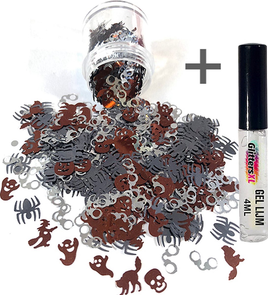 Halloween Decoratie Chunky Glitters (Figuurtjes Zilver/Bruin) (Volume 8g) + Glitter Huid Lijm [outfit versiering kostuum kinderen volwassenen - schotwond hechting scar heks bloed zombie wond mes spin clown - Biologisch Afbreekbaar Eco]