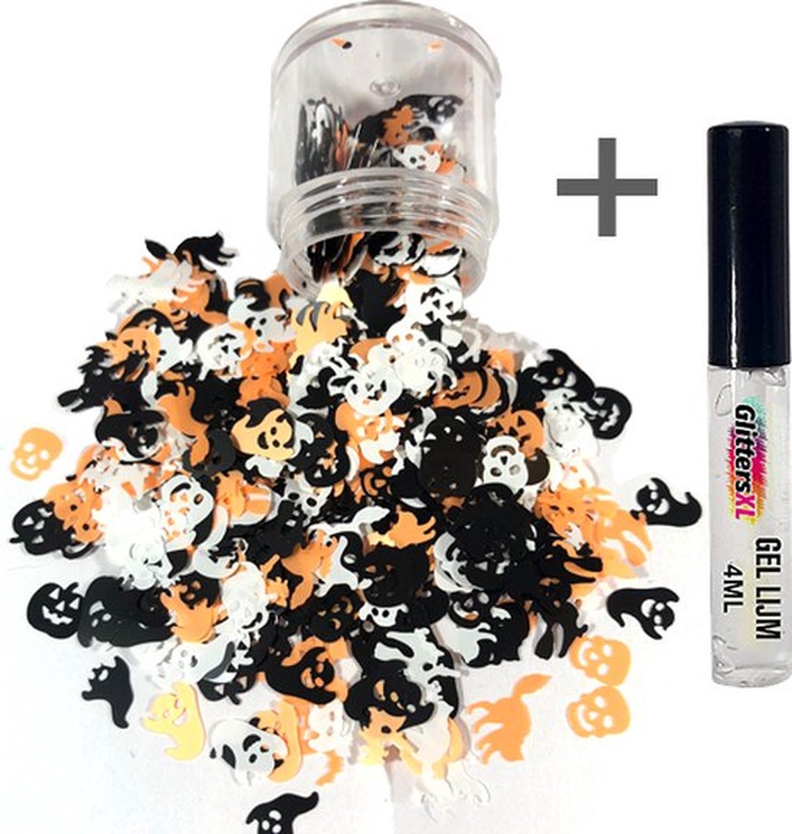 Halloween Decoratie Chunky Glitters (Figuurtjes Zwart/Oranje) (Volume 8g) + Glitter Huid Lijm [outfit versiering kostuum kinderen volwassenen - schotwond hechting scar heks bloed zombie wond mes spin clown - Biologisch Afbreekbaar Eco]