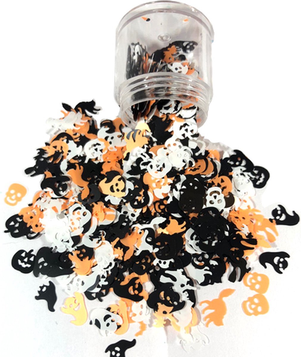 Halloween Decoratie Chunky Glitters (Figuurtjes Zwart/Oranje) (Volume 8g) [Halloween outfit versiering kostuum voor kinderen volwassenen - lichaamswond schotwond hechting scar heks bloed zombie wond mes spin clown - Biologisch Afbreekbaar Eco]