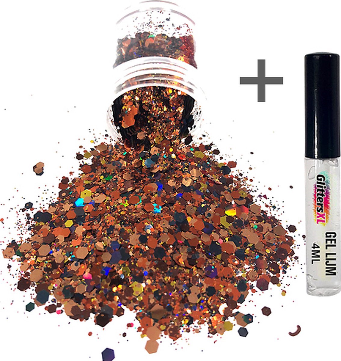 Halloween Decoratie Chunky Glitters (Oranje/Bruin) (Volume 8g) + Glitter Huid Lijm [outfit versiering kostuum kinderen volwassenen - schotwond hechting scar heks bloed zombie wond mes spin clown - Biologisch Afbreekbaar Eco]