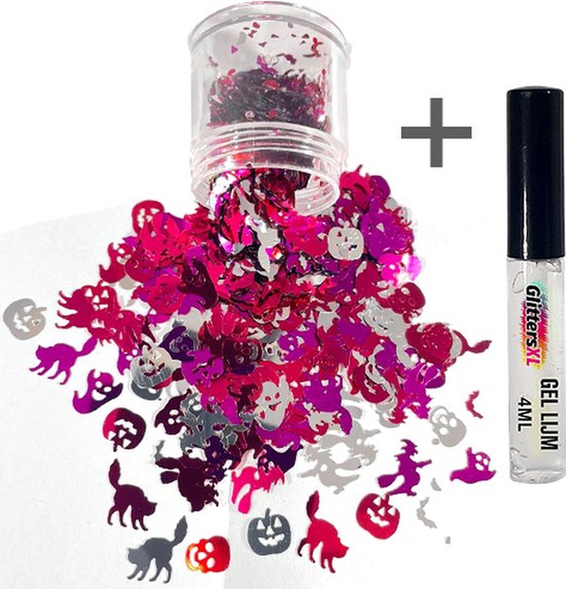 Halloween Decoratie Chunky Glitters (Roze/Wit/Paars) (Volume 8g) + Glitter Huid Lijm [outfit versiering kostuum kinderen volwassenen - schotwond hechting scar heks bloed zombie wond mes spin clown - Biologisch Afbreekbaar Eco]