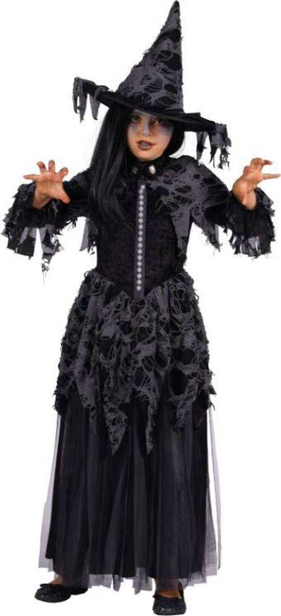 Heksen Jurk De Dood - Halloween Kleding Zwart - Heks - Kind - Zwart - Met Hoed - Maat 116/128