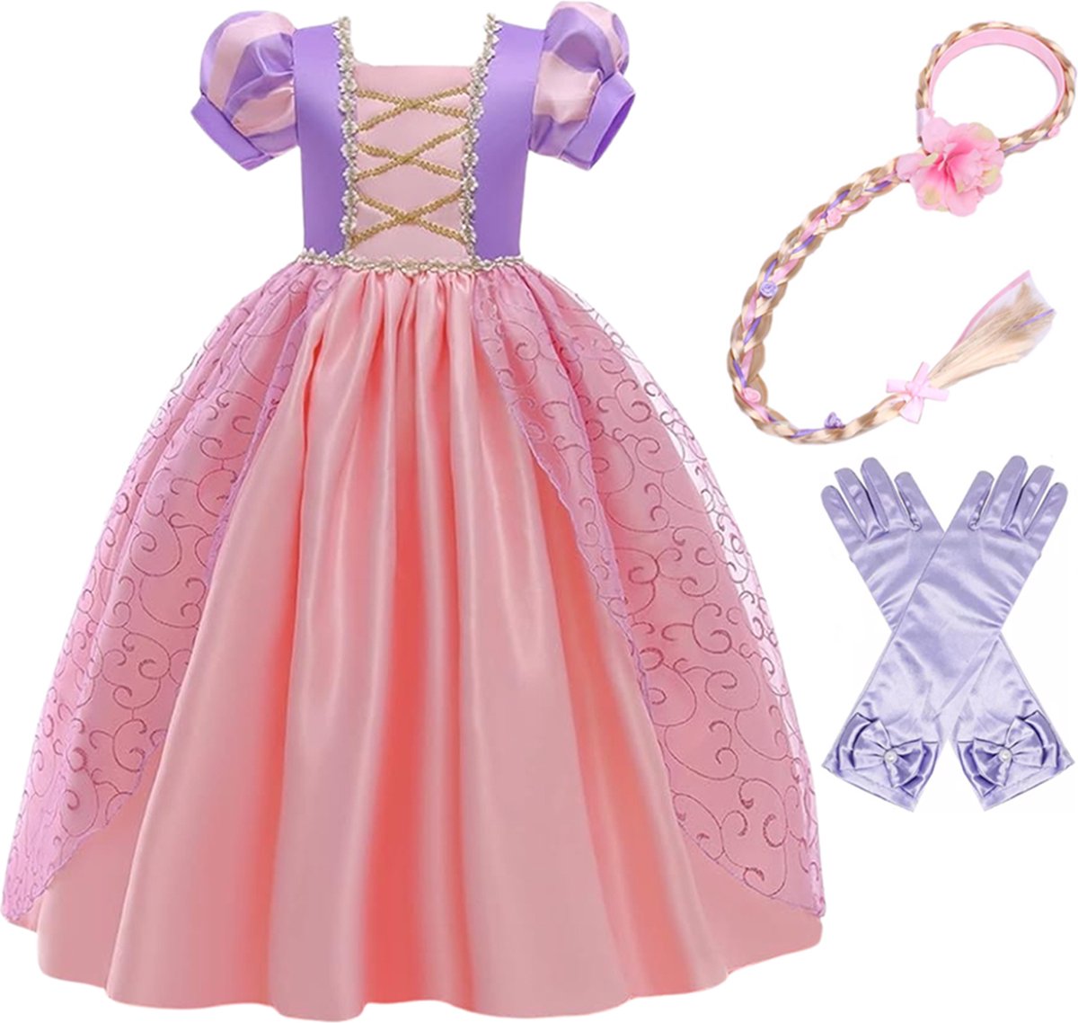 Het Betere Merk - Prinsessenjurk meisje - Roze / Paarse jurk - maat 104/110 (110) - Verkleedkleding meisje - Carnavalskleding Kind - Kleed - Lange handschoenen - Haarband