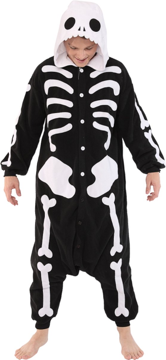 KIMU Onesie Skelet Pak Botten Kostuum Halloween - Maat L-XL - Skeletpak Jumpsuit Pyjama