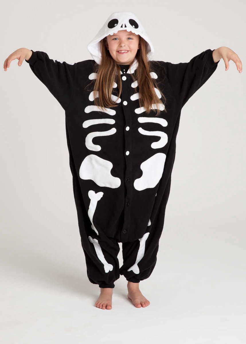 KIMU Onesie Skelet Pak Kind Botten Kostuum Halloween - Maat 128-134 - Skeletpak Jumpsuit Pyjama