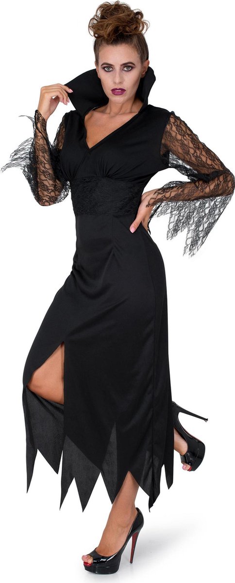 Karnival Costumes Zwart Kanten Heksenkostuum Carnavalskleding Dames Halloween Kostuum Dames Halloween Kostuum Volwassenen Morticia Addams - Maat S - 4-delig