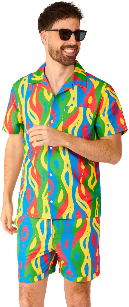 OppoSuits Loopy Lines - Heren Zomer Set - Bevat Shirt En Shorts - Festival Outfit - Meerkleurig - Maat: L