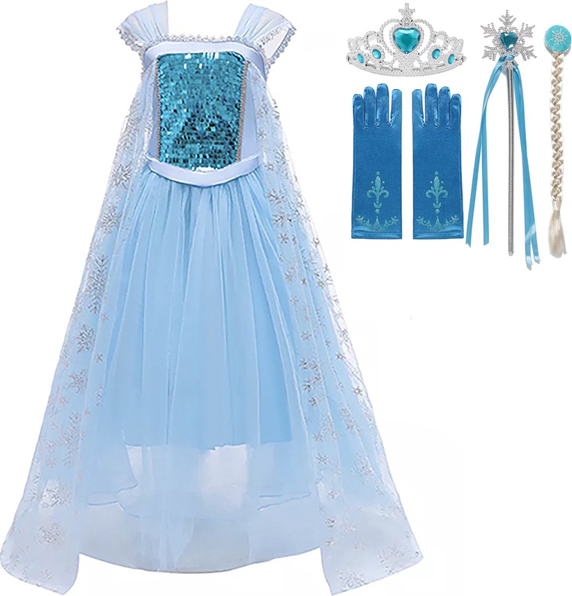 Prinsessenjurk Meisje - Luxe Verkleedjurk - maat 104/110 (110) - Tiara - Kroon - Toverstaf - Handschoenen - Juwelen - Verkleedkleren Meisje - Prinsessen Verkleedkleding - Halloween kostuum - Kinderen - Blauw - Het Betere Merk