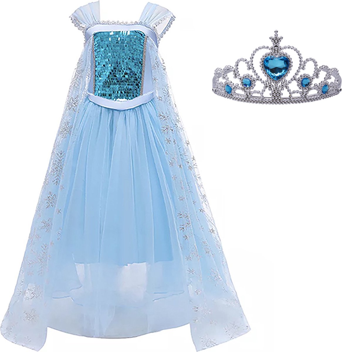 Prinsessenjurk Meisje - Luxe Verkleedjurk - maat 104/110 (110) - Tiara - Kroon - Verkleedkleren Meisje - Prinsessen Verkleedkleding - Halloween kostuum - Kinderen - Blauw - Het Betere Merk