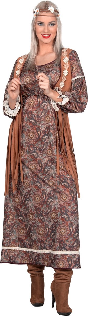 Wilbers & Wilbers - Hippie Kostuum - Maxi Jurk Paisly Hot Flower Power Vrouw - Bruin - Maat 36 - Carnavalskleding - Verkleedkleding