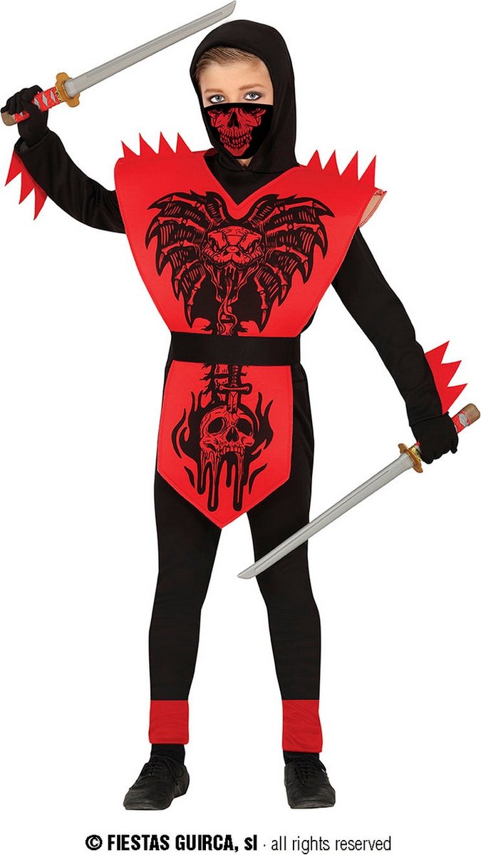 Guirca - Ninja & Samurai Kostuum - Dodelijke Cobra Ninja Ka Ching Kind Kostuum - Rood, Zwart - 7 - 9 jaar - Halloween - Verkleedkleding