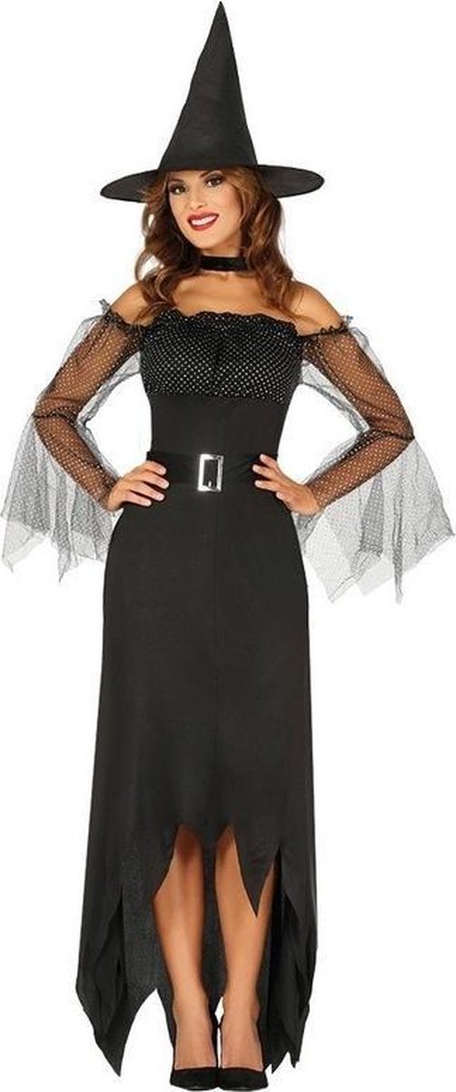 Halloween - Zwarte lange heksen verkleed kostuum jurk voor dames - verkleedkleding halloween M/L