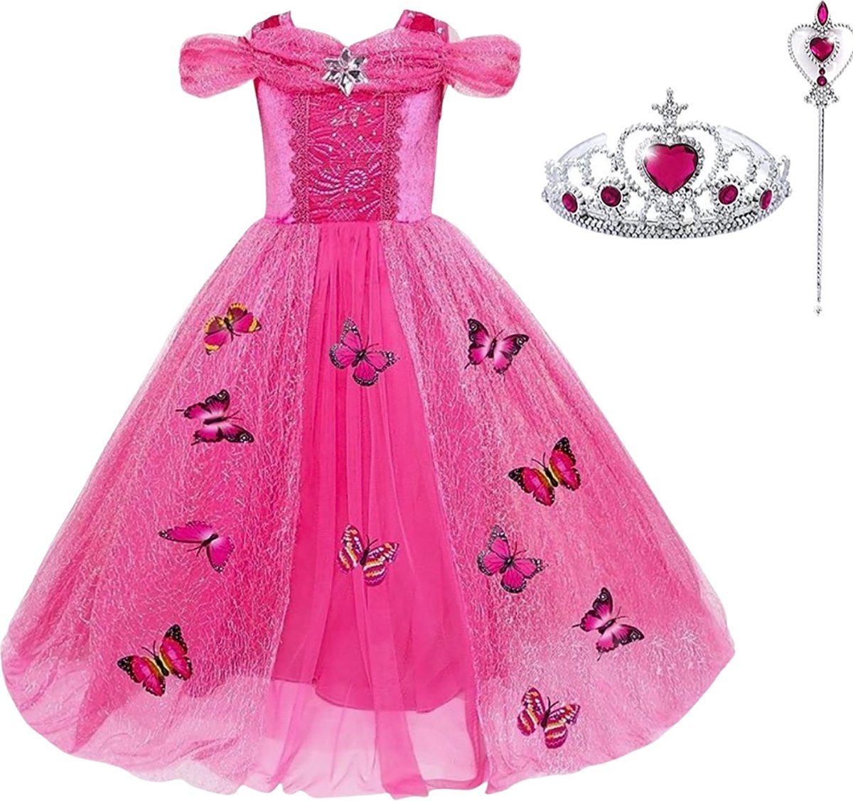 Het Betere Merk - Prinsessenjurk meisje - Roze vlinders - Verkleedkleren meisje - Maat 104/110 (110) - Toverstaf - Kroon - Tiara - Roze jurk - Fuchsia - Carnavalskleding kinderen