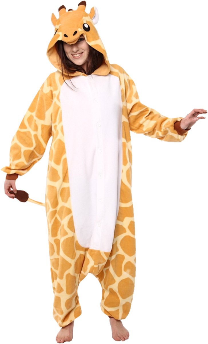 KIMU Onesie Giraf Pak Kostuum Oranje Geel Giraffe - Maat L-XL - Girafpak Jumpsuit Huispak