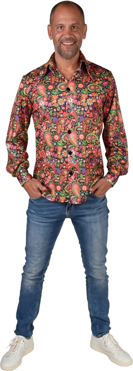 Magic By Freddy's - Hippie Kostuum - Hippie Party Paisley Power Overhemd Man - Oranje - XXL - Carnavalskleding - Verkleedkleding