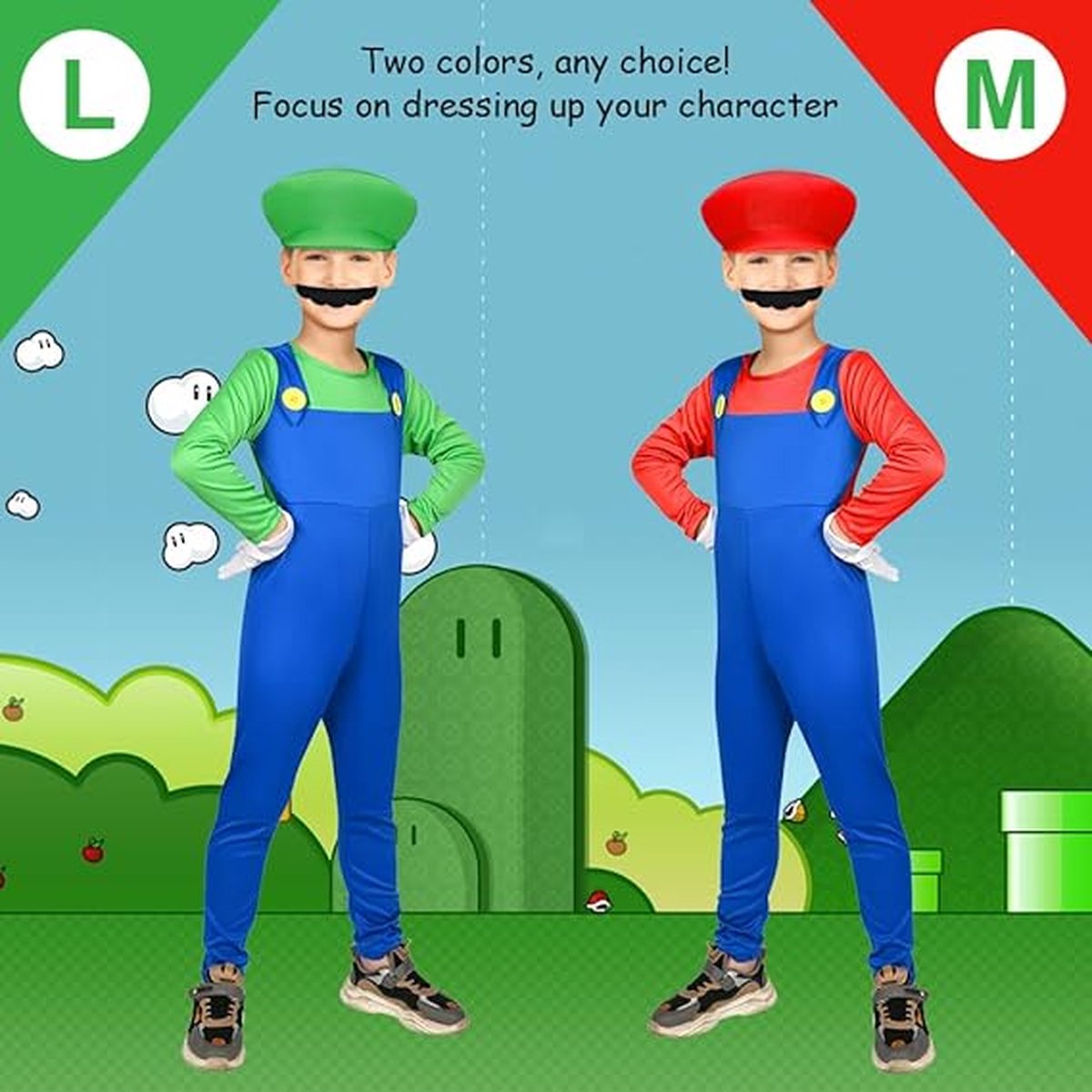 Mario Kostuum voor kinderen, 4 stuks Mario Fancy Dress Kostuum met Bodysuit, Mario Cap, baard en handschoenen, Mario Luigi Bros Plumber Fancy Kostuum Outfit voor Jongen Meisje Halloween Cosplay