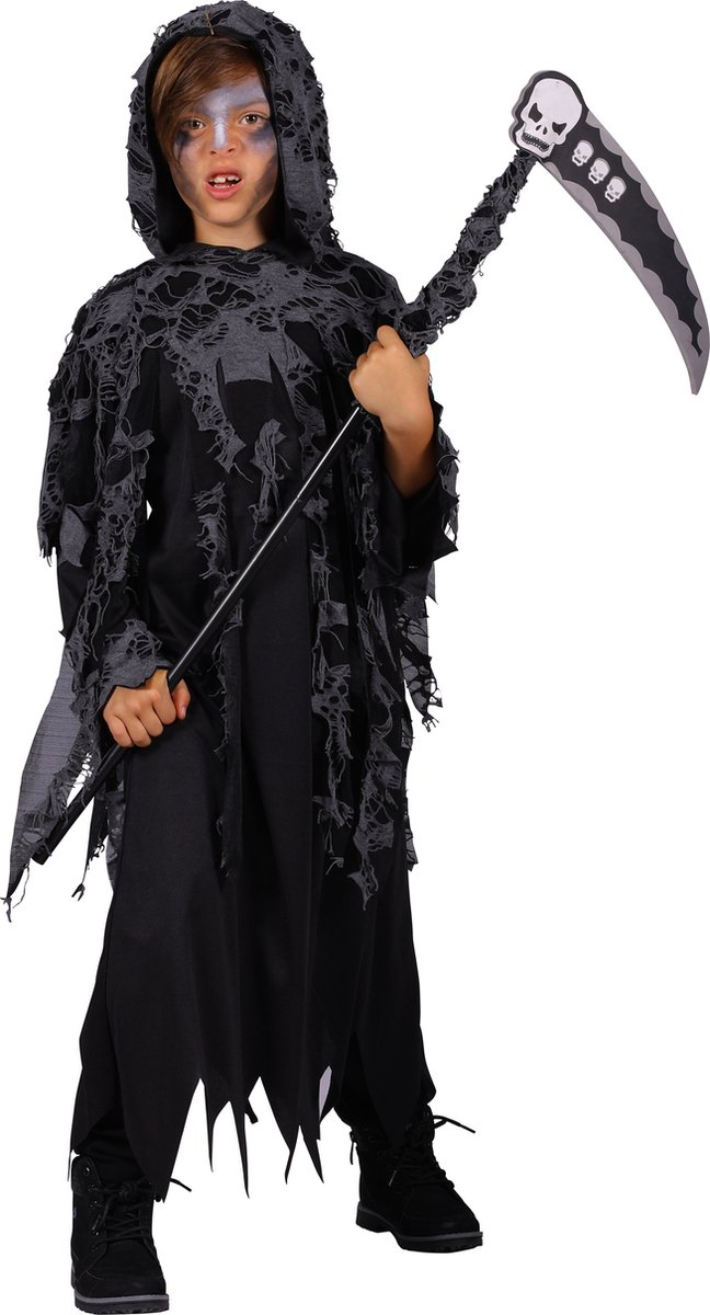 De Dood Jongen Kostuum - Halloween Kleding - Zwart - Inclusief Zeis - Maat 98/104