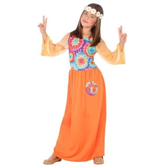 Goedkope Hippie flower power verkleedjurkje oranje voor meisjes 116 (5-6 jaar) -