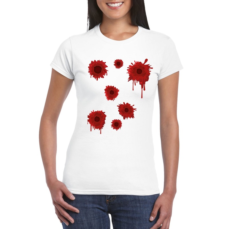 Halloween/ Gangster schotwonden shirt wit dames XS -