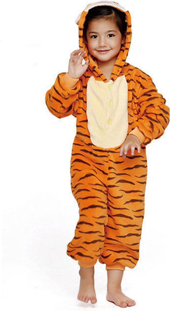 KIMU Onesie Tijger Pak Kostuum Oranje - Maat 146-152 - Tijgertje Tijgerpakje Pyjama Jumpsuit Kinder Pakje - Panter Luipaard Romper Kind Jongen Meisje