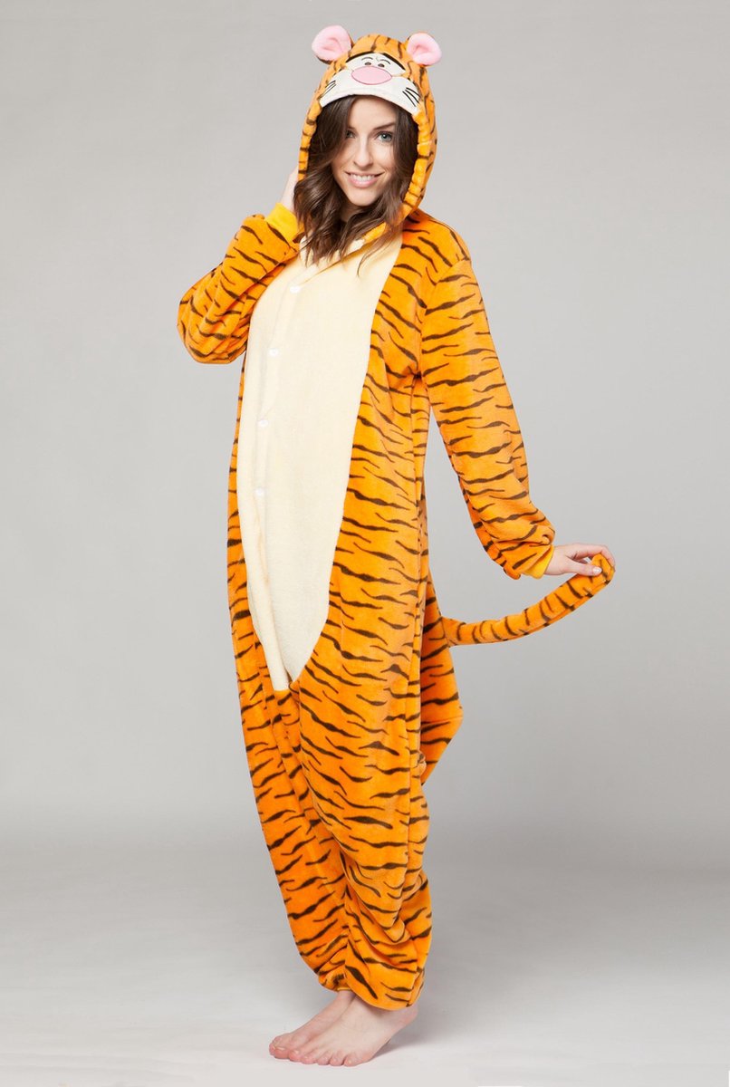 KIMU Onesie Tijger Pak Kostuum Oranje - Maat XS-S - Tijgertje Tijgerpakje Pyjama Jumpsuit Huispak - Panter Luipaard Man Vrouw Dames Heren