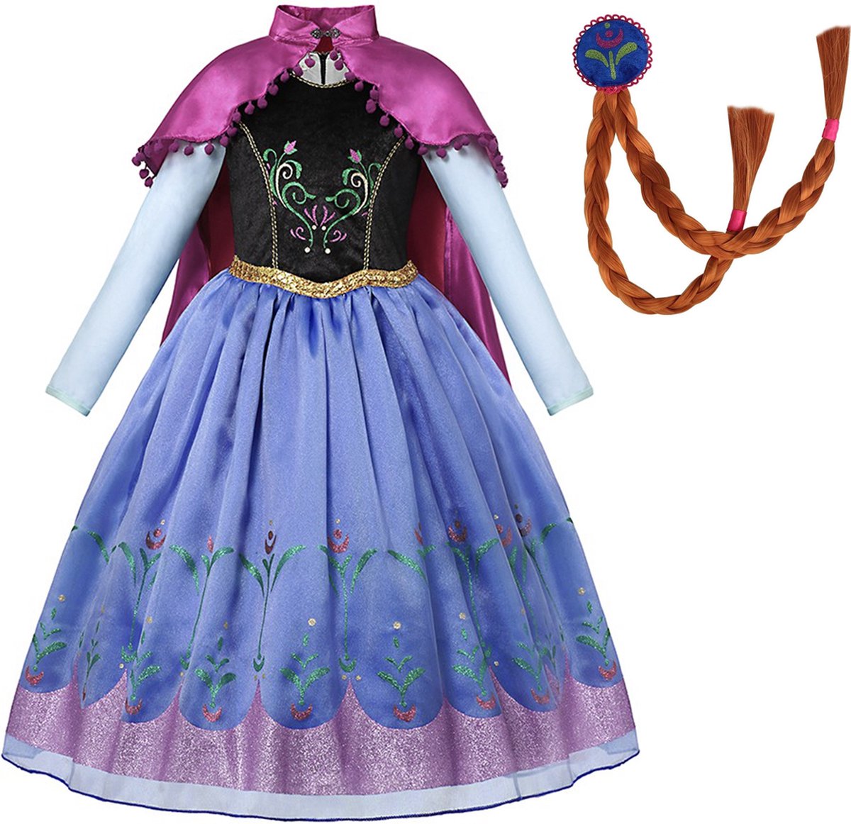 Prinsessenjurk meisje - Anna jurk - Anna verkleedkleding meisje - Het Betere Merk - Lange roze cape - Haarvlecht - Maat 98 (100) - Carnavalskleding - Cadeau meisje - Verkleedkleren - Kleed