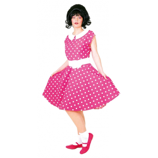 Roze fifties verkleed jurkje met witte stippen 40 -