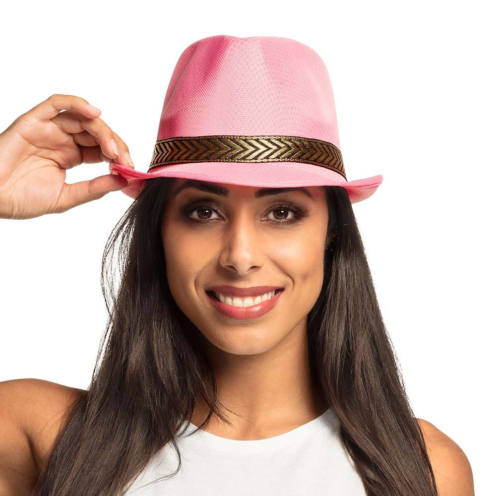 Roze trilby hoed met zwarte band -