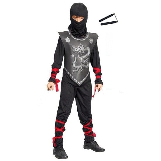 Verkleedkleding Ninja pak maat S met vechtstokken voor kinderen XS -