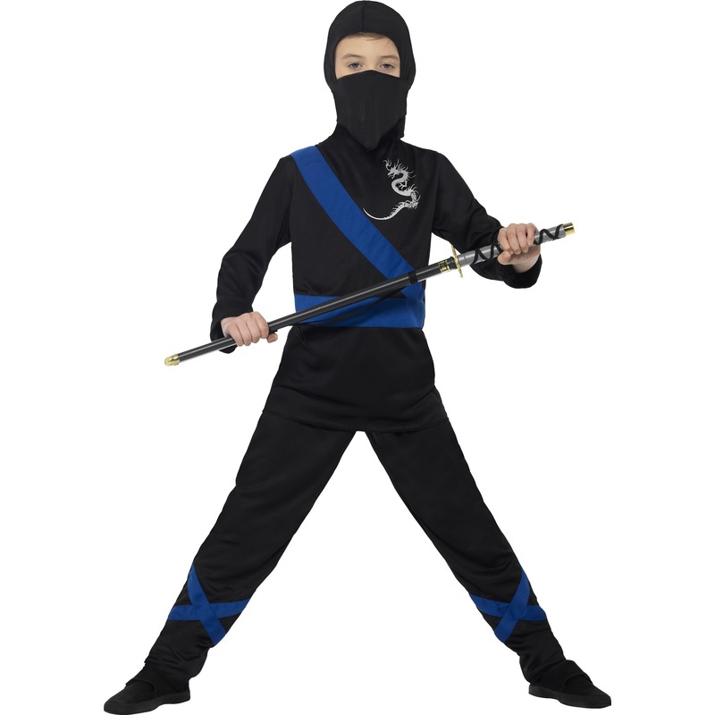 Verkleedkostuum ninja zwart/blauw voor kinderen 115-128 (4-6 jaar) -