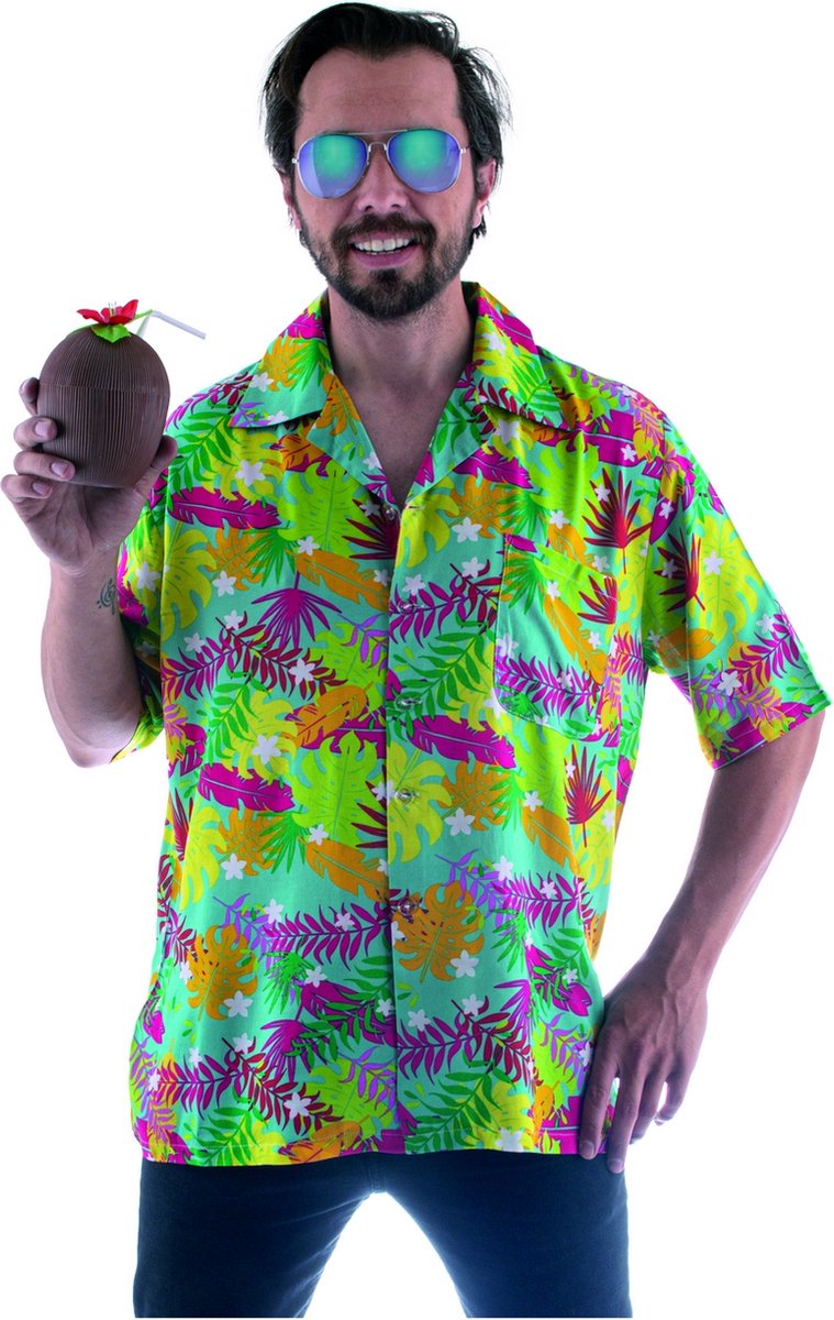 Funny Fashion - Hawaii & Carribean & Tropisch Kostuum - Herkend Worden Aan De Veren Hawaii Shirt Man - Multicolor - Maat 52-54 - Carnavalskleding - Verkleedkleding