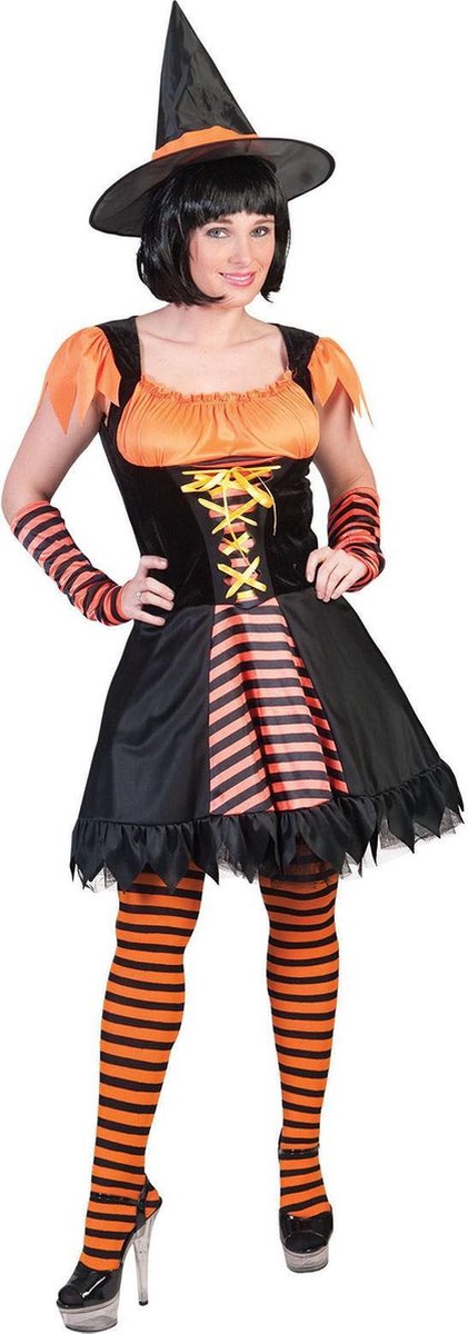 Funny Fashion - Heks & Spider Lady & Voodoo & Duistere Religie Kostuum - Oranje Heks Harrarira - Vrouw - Oranje, Zwart - Maat 44-46 - Halloween - Verkleedkleding