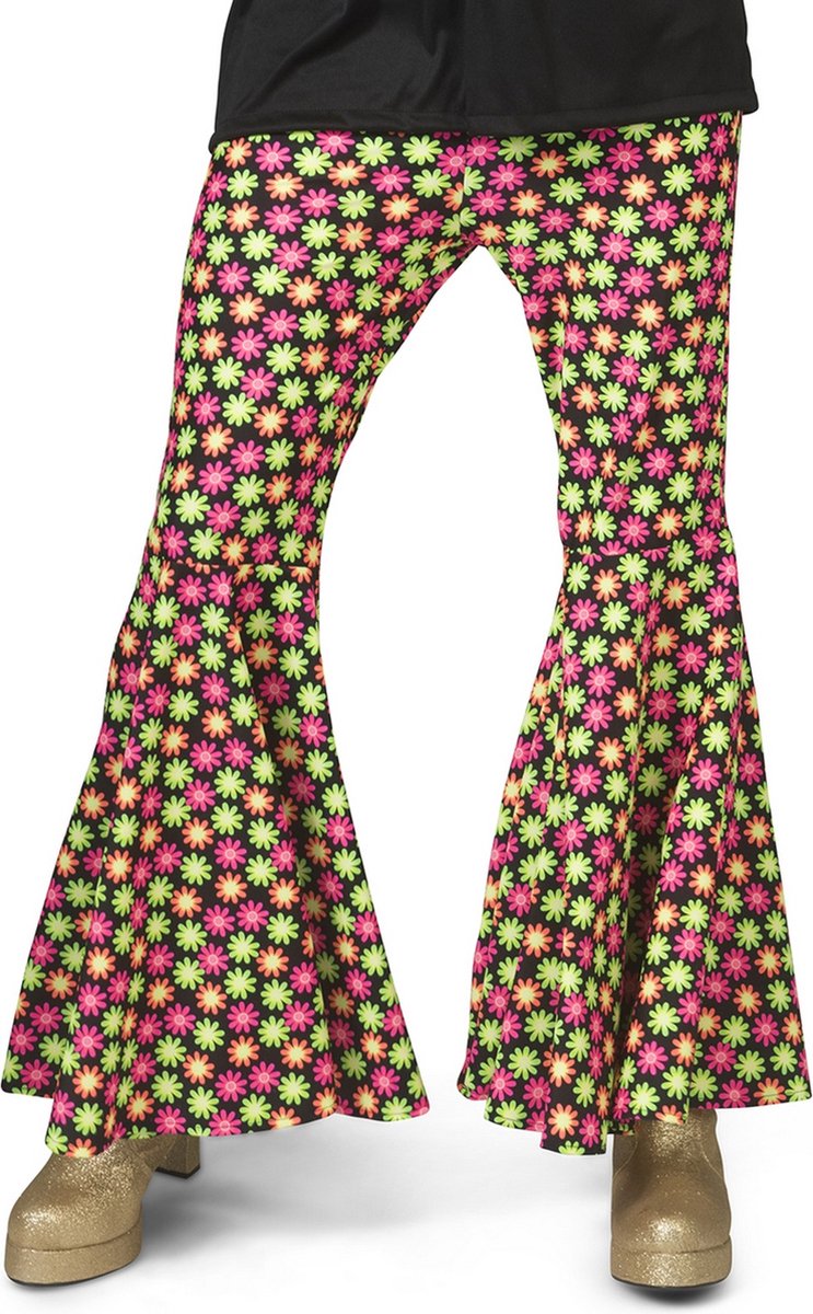 Funny Fashion - Hippie Kostuum - Fluor Flower Power Goes Disco Broek Man - Geel, Roze - Maat 52-54 - Carnavalskleding - Verkleedkleding