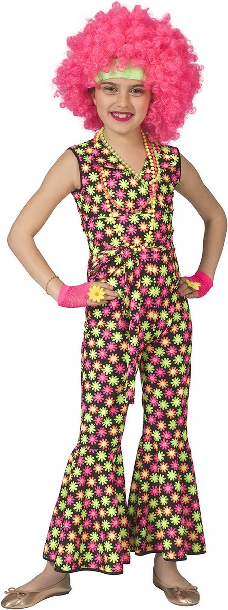 Funny Fashion - Hippie Kostuum - Fluor Flower Power Goes Disco - Meisje - Geel, Roze - Maat 140 - Carnavalskleding - Verkleedkleding