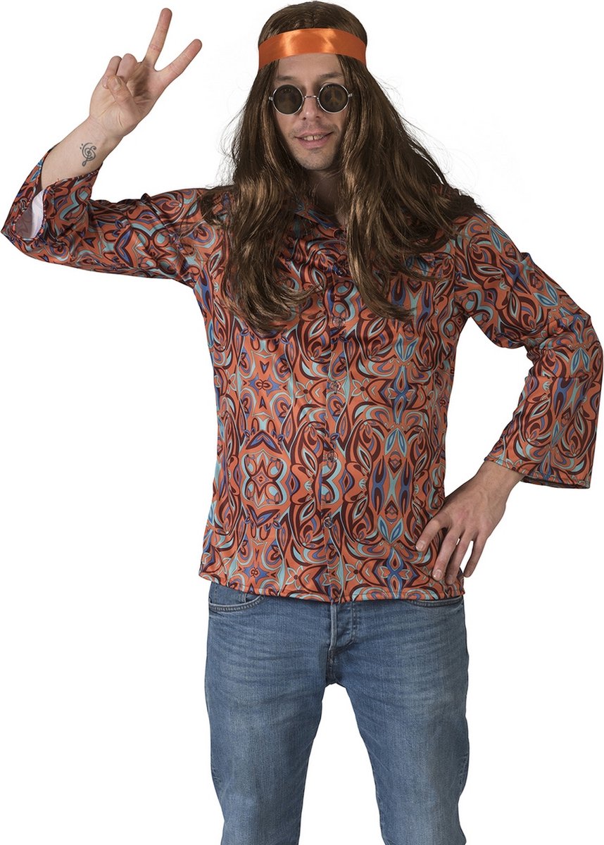 Funny Fashion - Hippie Kostuum - Seventies Shirt San Francisco Man - Roze - Maat 48-50 - Carnavalskleding - Verkleedkleding