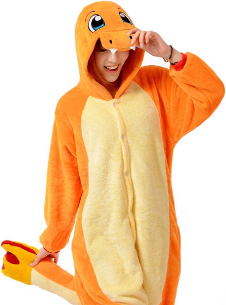 KIMU Onesie Oranje Vuur Salamander Pak - Maat 116-122 - Slang Slangenpak Reptiel Gekko Huispak Kinderen Jumpsuit Pak Kostuum Jongens Meisjes Carnaval Carnavalspak