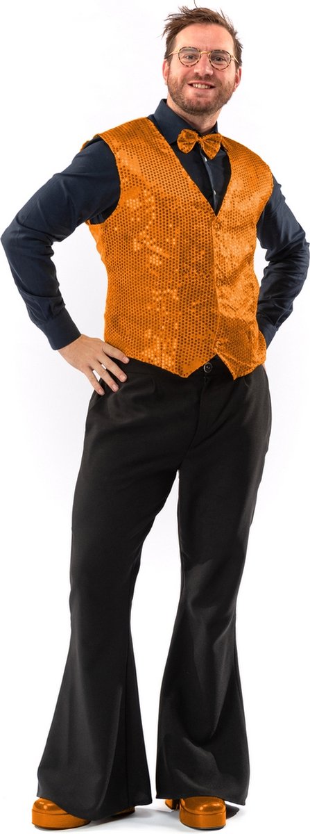 Original Replicas - Glitter & Glamour Kostuum - Paillettenvest Met Strik Oracle Orange Man - Oranje - Small - Kerst - Verkleedkleding