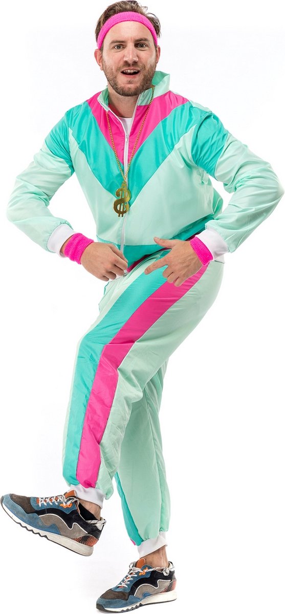 Original Replicas - Jaren 80 & 90 Kostuum - 80s Retro Trainingspak Dancing David - Man - Groen, Roze, Multicolor - 3XL - Carnavalskleding - Verkleedkleding