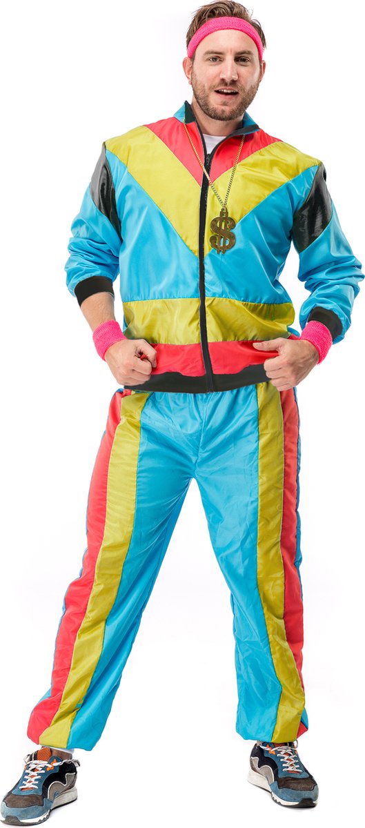 Original Replicas - Jaren 80 & 90 Kostuum - 80s Retro Trainingspak Nasa Carnaval - Man - Blauw, Geel, Roze, Multicolor - Medium - Carnavalskleding - Verkleedkleding